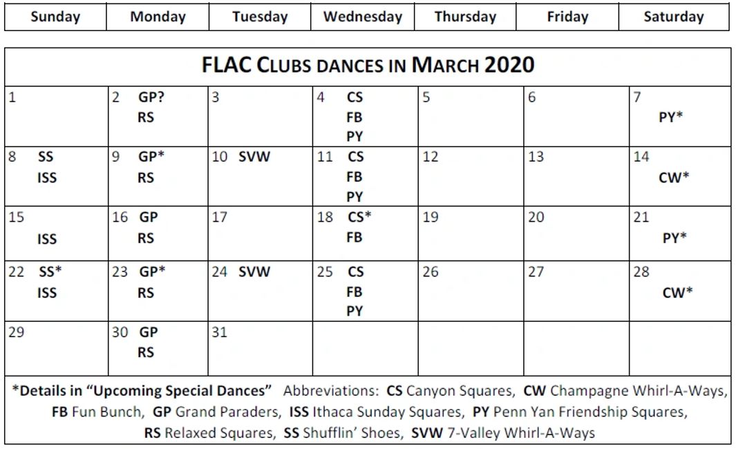 Monthly Calendars FLAC Square and Round Dancing in the Finger Lakes